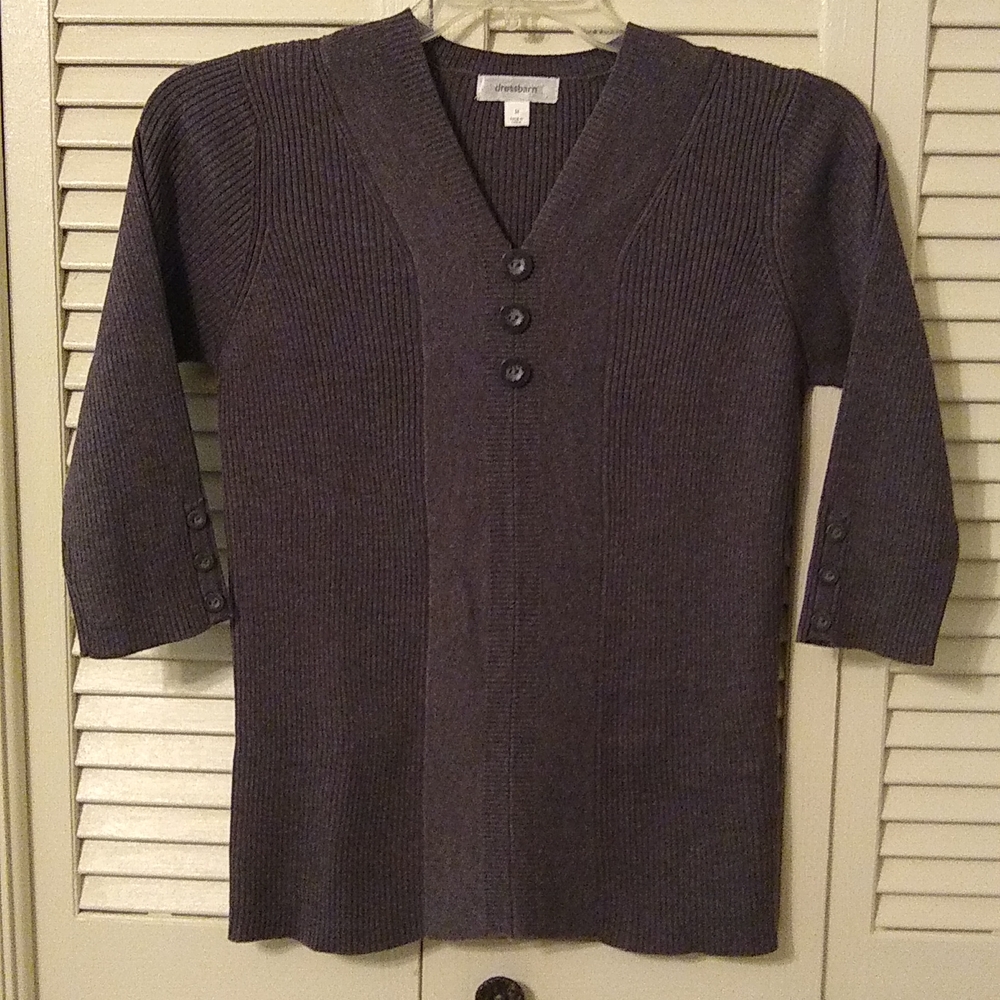 Dressbarn Gray Sweater, V-neck, 3/4 crop sleeves, ribbed detail